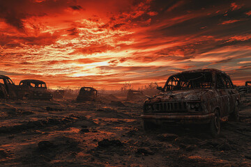 Fototapeta premium A post apocalyptic wasteland with barren landscape and abandoned cars evokes haunting atmosphere