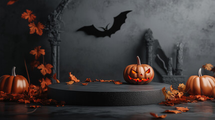 studio halloween shot empty podium with pumpkins bat and leaves around