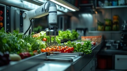 Futuristic AI-driven restaurant kitchens autonomously preparing gourmet meals: Restaurants using AI to automate cooking and offer perfectly timed, customized dishes.