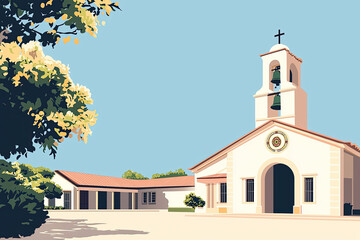 Fototapeta premium A serene illustration of Catholic churchs exterior with vibrant surroundings