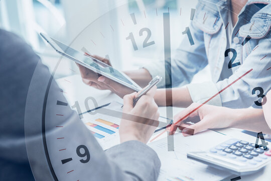 Business times, Business people teamwork working challenge with time clock speed with performance against working hours concept