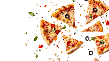 Delightful representation of pizza slices tumbling from above featuring rich colors and mouthwatering textures.