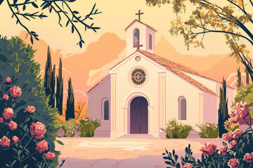 Naklejka premium A serene illustration of Catholic churchs exterior surrounded by nature