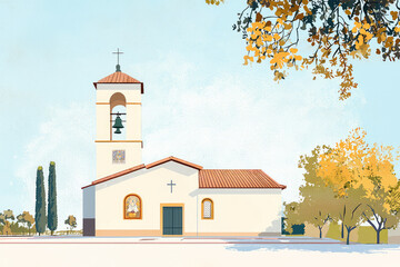 A serene illustration of Catholic churchs exterior with vibrant trees