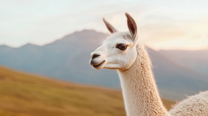 Obraz premium A white llama is standing in a field with mountains in the background