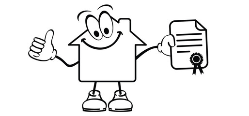 Cartoon mascot character and holding a contract. Happy House.