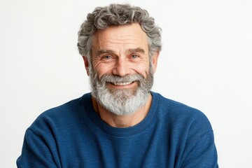 Fototapeta premium Happy mature old bearded man with dental smile, cool mid aged gray haired older senior hipster wearing blue sweatshirt standing isolated on white background looking at camera, with generative ai