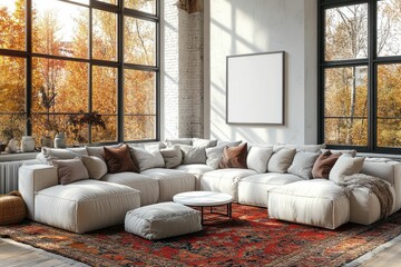 Fototapeta premium Cozy living room with large sectional sofa and autumn view through windows.