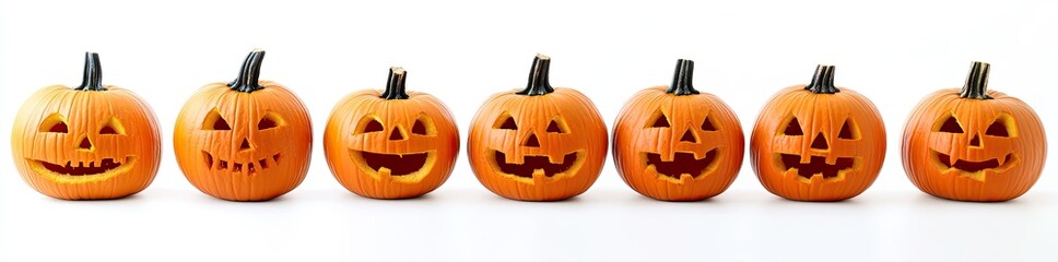 Obraz premium A line of cheerful Halloween pumpkins with various carved faces, perfect for festive autumn decorations or party themes.