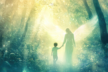 Fototapeta premium A serene illustration of Archangel Raphael guiding child through mystical forest