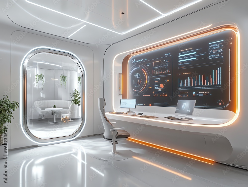 Poster futuristic office interior with a large screen displaying data and a white desk with a computer.
