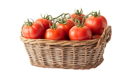 Exquisite representation of ripe tomatoes elegantly arranged in a rustic basket, showcasing natural beauty.