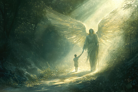 A serene illustration of Archangel Raphael guiding child through mystical forest