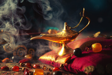 Precious golden magic lamp with smoke on silk pillow. Arabian night.