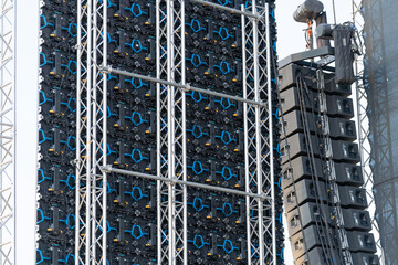 Large industrial concert screen on the backstage of a concert, showing the back side