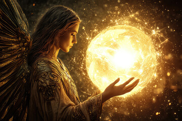 Naklejka premium A serene illustration of Archangel Uriel holding glowing orb, radiating light and warmth