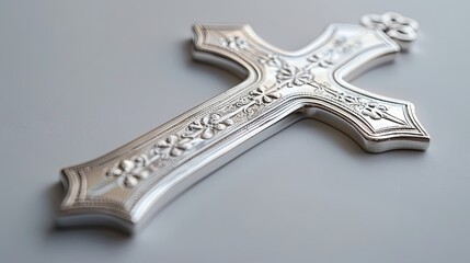 A detailed silver cross featuring intricate floral engravings, symbolizing faith and spirituality, displayed on a light background.
