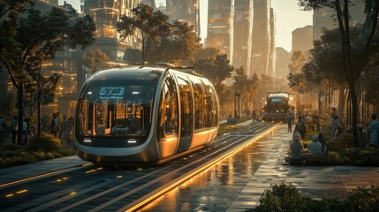 Obraz premium Self-driving buses operating in futuristic smart cities: Autonomous buses moving people efficiently through a tech-forward urban environment.