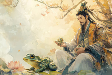 Naklejka premium A serene illustration of god of harvest, Liu Ha, with frog