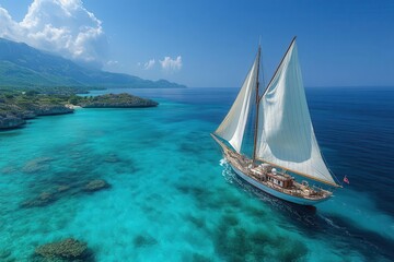 Fototapeta premium majestic yacht with billowing white sails gliding across crystalclear turquoise waters framed by a cloudless azure sky and distant tropical islands