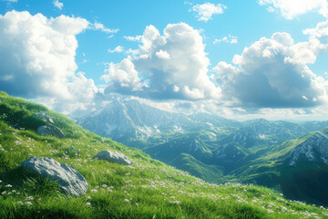 Fototapeta premium A serene mountain paradise with clear blue sky and fluffy clouds