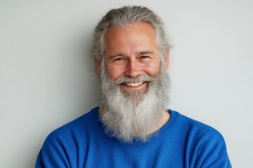 Obraz premium Happy mature old bearded man with dental smile, cool mid aged gray haired older senior hipster wearing blue sweatshirt standing isolated on white background looking at camera, with generative ai