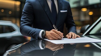 Man signs a document on a car. This image is perfect for marketing materials about car insurance, financing, or leasing.