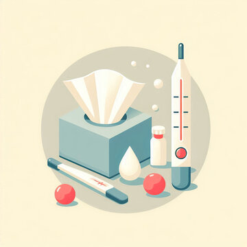 Medical supplies and cold remedies illustration, flat design 