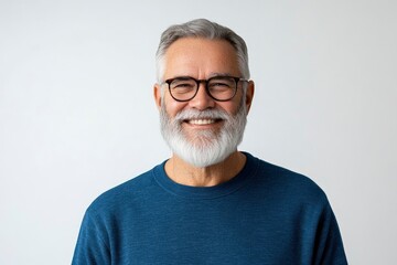 Obraz premium Happy mature old bearded man with dental smile, cool mid aged gray haired older senior hipster wearing blue sweatshirt standing isolated on white background looking at camera, with generative ai