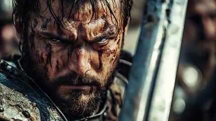 A close-up of two knights engaged in a fierce duel, their swords locked in combat and their expressions determined.