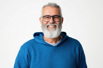 Obraz premium Happy mature old bearded man with dental smile, cool mid aged gray haired older senior hipster wearing blue sweatshirt standing isolated on white background looking at camera, with generative ai