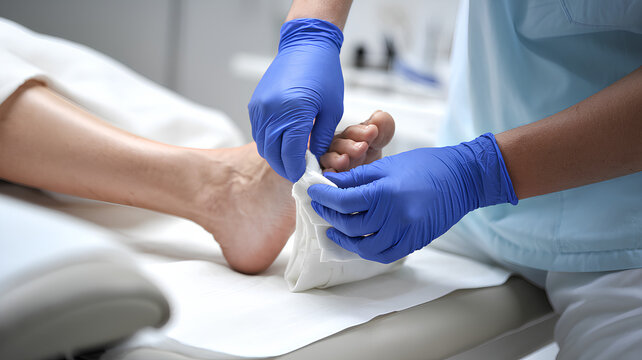 A nurse wearing blue gloves doing bandage on a wound on a person's foot - Powered by Adobe