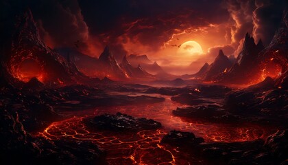 A stunning volcanic landscape under a glowing sunset sky, featuring active lava flows and jagged mountains. The intense colors and atmospheric clouds create a scene filled with both beauty and danger