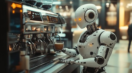 Fototapeta premium Futuristic AI-driven robotic baristas making complex coffee drinks: An AI-powered robot serving a perfectly made coffee in a modern cafe.