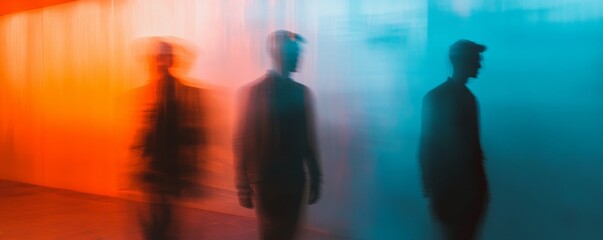 Three blurred silhouettes of people in an abstract corridor with warm and cool lighting, artistic concept