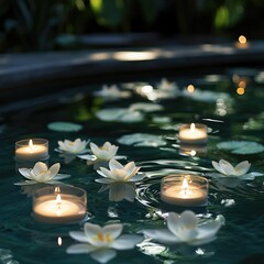 Water Feature with Floating Petals and Candlelit Lilies