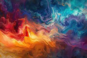 Vibrant Cosmic Waves, an explosion of swirling colors blending deep blues, fiery oranges, and swirling purples, evoking the beauty of a swirling nebula in the universe.