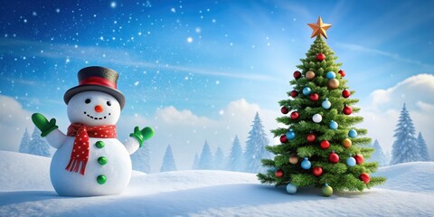 Snowman and Christmas tree standing together in a winter wonderland , snowman, Christmas tree, winter, holiday, festive