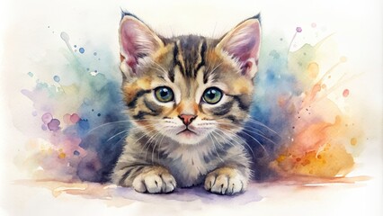 Watercolor of a playful kitten , watercolor,cute, kitten, cat, painting, art, feline, fluffy, animal, pet, whiskers, colorful