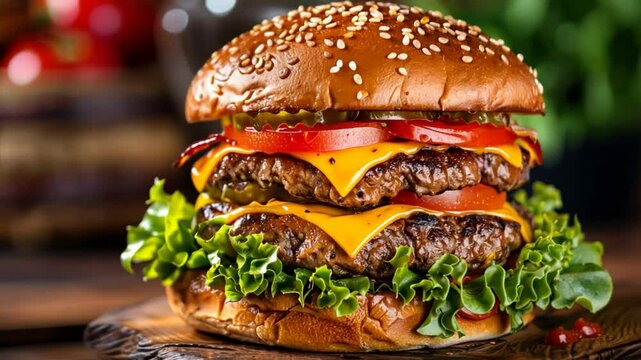 The Ultimate Double Cheeseburger Craving: A towering double cheeseburger with juicy patties, melted cheese, and fresh toppings beckons with irresistible allure. 