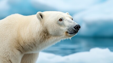 A polar bear is standing on a frozen lake