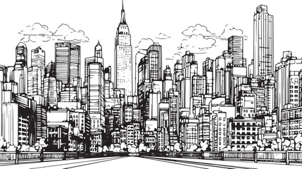City landscape. Line urban backdrop. Skyline with clouds, different buildings on street, doodle street draw, outline cityscape hand sketch, flat houses. Hand drawn vector illustration  © Михаил Н