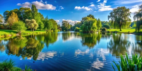 Obraz premium Tranquil lake nestled in a beautiful park setting, nature, water, reflection, serene, trees, greenery, peaceful