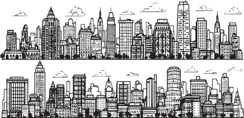 Fototapeta premium City landscape. Line urban backdrop. Skyline with clouds, different buildings on street, doodle street draw, outline cityscape hand sketch, flat houses. Hand drawn vector illustration 