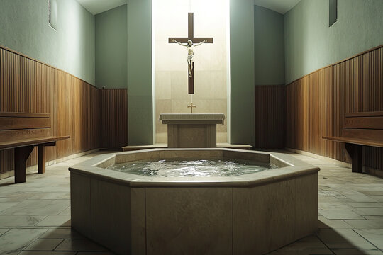 A serene depiction of Catholic church interior featuring baptismal font