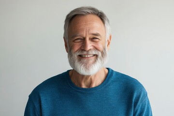 Obraz premium Happy mature old bearded man with dental smile, cool mid aged gray haired older senior hipster wearing blue sweatshirt standing isolated on white background looking at camera, with generative ai