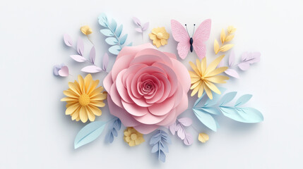A beautiful arrangement of paper flowers featuring large pink rose, yellow daisies, and delicate leaves, complemented by butterfly, creating serene and artistic display