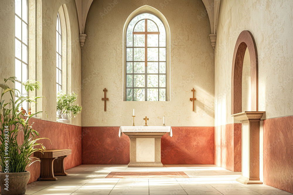 Wall mural A serene interior of Catholic church featuring simple altar and natural light