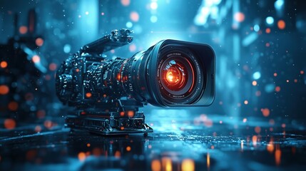 Fototapeta premium Futuristic video camera with a glowing lens, set in a high-tech ambient environment, showcasing advanced technology and creativity.