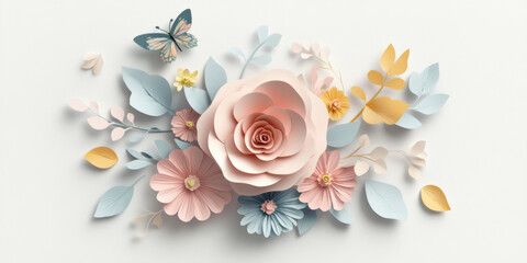 A beautiful arrangement of pastel colored paper flowers, featuring large pink rose, delicate butterflies, and various leaves. This artistic composition evokes sense of tranquility and creativity